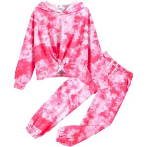 Arshiner Girl’s 2 Piece Outfits Tie-dye Twist Front Pullover Hooded Sweatsuits Sweatshirt and Sweatpants Clothing Set(Hot Pink)