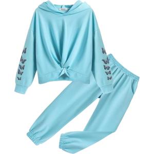 Arshiner Girl’s 2 Piece Outfits Tie-dye Twist Front Pullover Hooded Sweatsuits Sweatshirt and Sweatpants Clothing Set(Lake Green)