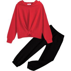 Arshiner Girl’s 2 Piece Outfits Tie-dye Twist Front Pullover Hooded Sweatsuits Sweatshirt and Sweatpants Clothing Set(Red &Black)