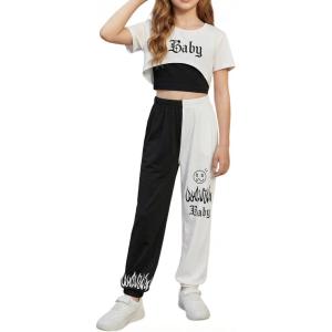 Arshiner Girls 3 Piece Set Short Sleeve High Low Hem Overlay Top & Cami with Sweatpants Kids Outfit 6-13 Years(Black&white)