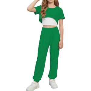Arshiner Girls 3 Piece Set Short Sleeve High Low Hem Overlay Top & Cami with Sweatpants Kids Outfit 6-13 Years(Green)
