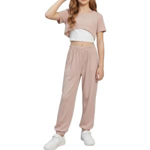 Arshiner Girls 3 Piece Set Short Sleeve High Low Hem Overlay Top & Cami with Sweatpants Kids Outfit 6-13 Years(Pink)