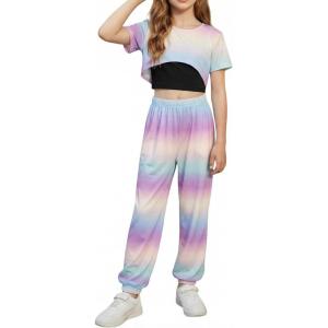 Arshiner Girls 3 Piece Set Short Sleeve High Low Hem Overlay Top & Cami with Sweatpants Kids Outfit 6-13 Years(Tie Dye B)