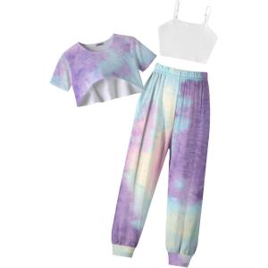 Arshiner Girls 3 Piece Set Short Sleeve High Low Hem Overlay Top & Cami with Sweatpants Kids Outfit 6-13 Years(Tie Dye a)