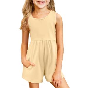 Arshiner Girls’ Casual Summer Sleeveless Jumpsuits Loose One Piece Romper Short Overalls Outfits with Pockets(Light Khaki)