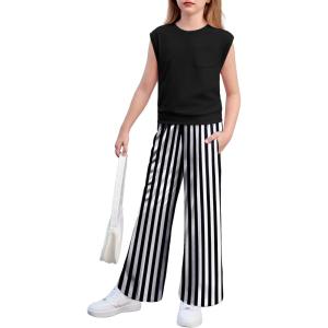 Arshiner Girls Clothes 2 Piece Outfits Drop Shoulder Sleeve Top and Wide Leg Pants Set Trendy Clothing Size 6-14(Black-stripes)