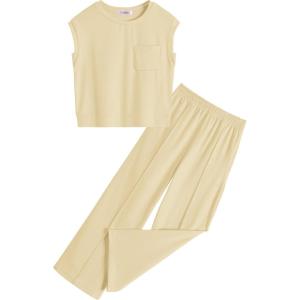 Arshiner Girls Clothes 2 Piece Outfits Drop Shoulder Sleeve Top and Wide Leg Pants Set Trendy Clothing Size 6-14(Khaki)