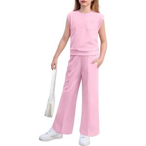 Arshiner Girls Clothes 2 Piece Outfits Drop Shoulder Sleeve Top and Wide Leg Pants Set Trendy Clothing Size 6-14(Pink)