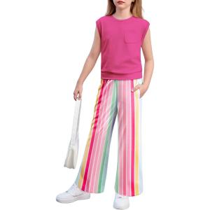 Arshiner Girls Clothes 2 Piece Outfits Drop Shoulder Sleeve Top and Wide Leg Pants Set Trendy Clothing Size 6-14(Rose Red-stripes)