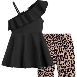 Arshiner Girls Clothes Summer 2 Piece Outfits Adjustable One Shoulder Ruffle Trim Top and Biker Short Sets 6-14 Years(Black-leopard)