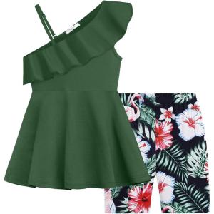 Arshiner Girls Clothes Summer 2 Piece Outfits Adjustable One Shoulder Ruffle Trim Top and Biker Short Sets 6-14 Years(Dark Green-print)