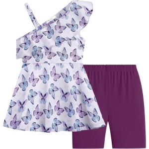 Arshiner Girls Clothes Summer 2 Piece Outfits Adjustable One Shoulder Ruffle Trim Top and Biker Short Sets 6-14 Years(Purple-butterfly)