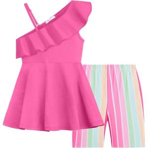 Arshiner Girls Clothes Summer 2 Piece Outfits Adjustable One Shoulder Ruffle Trim Top and Biker Short Sets 6-14 Years(Rose Red-stripes)