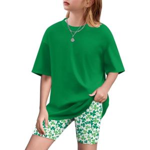 Arshiner Girls Clothes Summer 2 Piece Outfits Drop Shoulder T-Shirts and Biker Shorts Kids Fashion Clothing Sets(Green)