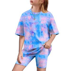 Arshiner Girls Clothes Summer 2 Piece Outfits Drop Shoulder T-Shirts and Biker Shorts Kids Fashion Clothing Sets(Tie Dye)