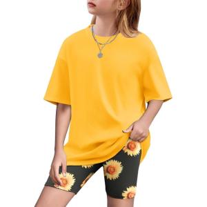 Arshiner Girls Clothes Summer 2 Piece Outfits Drop Shoulder T-Shirts and Biker Shorts Kids Fashion Clothing Sets(Yellow)