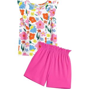 Arshiner Girls Clothes Summer Outfits Ruffle Sleeve Tops and Paperbag Waist Shorts with Pockets Kids Clothing Set(Hot Pink Flower)