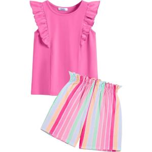 Arshiner Girls Clothes Summer Outfits Ruffle Sleeve Tops and Paperbag Waist Shorts with Pockets Kids Clothing Set(Hot Pink Strips)