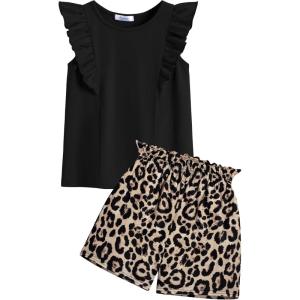 Arshiner Girls Clothes Summer Outfits Ruffle Sleeve Tops and Paperbag Waist Shorts with Pockets Kids Clothing Set(Leopard)