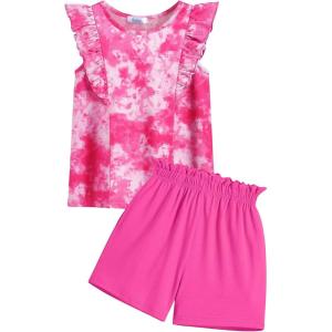 Arshiner Girls Clothes Summer Outfits Ruffle Sleeve Tops and Paperbag Waist Shorts with Pockets Kids Clothing Set(Tie Dye_pink)