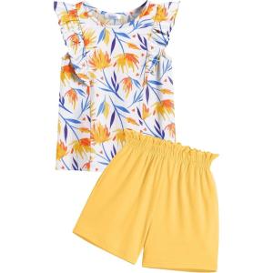 Arshiner Girls Clothes Summer Outfits Ruffle Sleeve Tops and Paperbag Waist Shorts with Pockets Kids Clothing Set(Yellow Leaf)