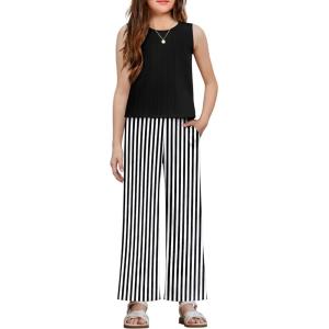Arshiner Girls Clothing Set Casual Clothes Sleeveless Back Tank Crop Top and Wide-Leg Pants with Pocket 2 Piece Outfits 5-13Y(Black & White)