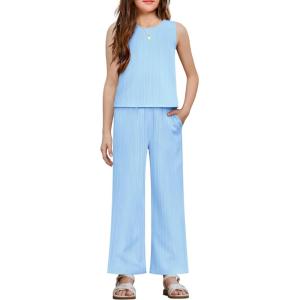 Arshiner Girls Clothing Set Casual Clothes Sleeveless Back Tank Crop Top and Wide-Leg Pants with Pocket 2 Piece Outfits 5-13Y(Light Blue)