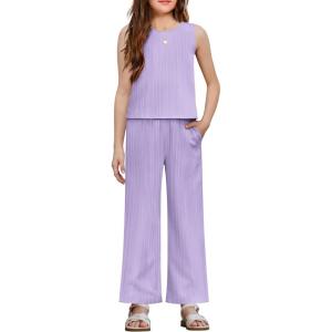 Arshiner Girls Clothing Set Casual Clothes Sleeveless Back Tank Crop Top and Wide-Leg Pants with Pocket 2 Piece Outfits 5-13Y(Violet)