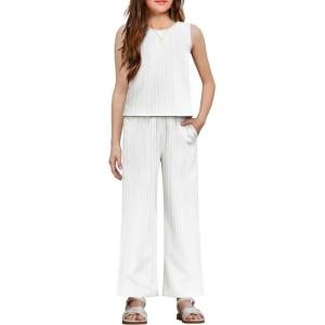 Arshiner Girls Clothing Set Casual Clothes Sleeveless Back Tank Crop Top and Wide-Leg Pants with Pocket 2 Piece Outfits 5-13Y(White)