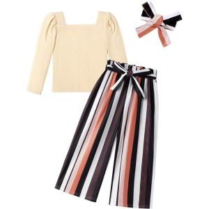 Arshiner Girls Clothing Sets Square Neck Rib Knit Shirts + Stylish Wide Leg Pants + Headband Cute 3pcs Fall Clothes Outfits(Beige + Stripe)