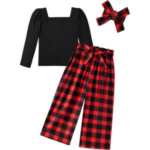 Arshiner Girls Clothing Sets Square Neck Rib Knit Shirts + Stylish Wide Leg Pants + Headband Cute 3pcs Fall Clothes Outfits(Black + Red Checkboard)