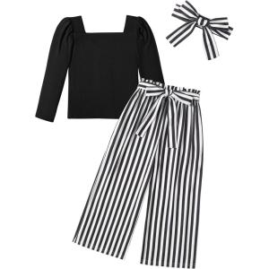 Arshiner Girls Clothing Sets Square Neck Rib Knit Shirts + Stylish Wide Leg Pants + Headband Cute 3pcs Fall Clothes Outfits(Black + Striped)