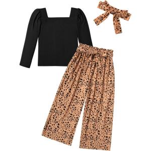 Arshiner Girls Clothing Sets Square Neck Rib Knit Shirts + Stylish Wide Leg Pants + Headband Cute 3pcs Fall Clothes Outfits(Black +Leopard Dot)
