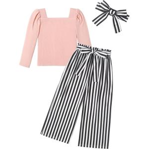 Arshiner Girls Clothing Sets Square Neck Rib Knit Shirts + Stylish Wide Leg Pants + Headband Cute 3pcs Fall Clothes Outfits(Pink + Striped)