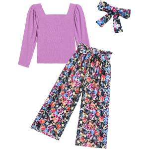 Arshiner Girls Clothing Sets Square Neck Rib Knit Shirts + Stylish Wide Leg Pants + Headband Cute 3pcs Fall Clothes Outfits(Purple + Floral)