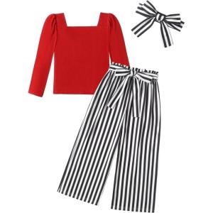 Arshiner Girls Clothing Sets Square Neck Rib Knit Shirts + Stylish Wide Leg Pants + Headband Cute 3pcs Fall Clothes Outfits(Red + Striped)