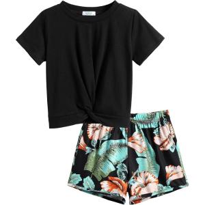 Arshiner Girls Clothing Sets Twist Front Top and Shorts 2 Piece Outfits Activewear Tracksuit 5-14 Year(Black Hawaii Flower)