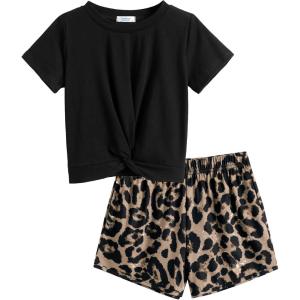 Arshiner Girls Clothing Sets Twist Front Top and Shorts 2 Piece Outfits Activewear Tracksuit 5-14 Year(Black Leopard Print)