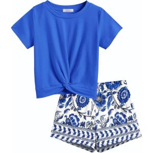 Arshiner Girls Clothing Sets Twist Front Top and Shorts 2 Piece Outfits Activewear Tracksuit 5-14 Year(Blue Flower)