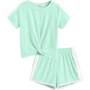 Arshiner Girls Clothing Sets Twist Front Top and Shorts 2 Piece Outfits Activewear Tracksuit 5-14 Year(Green)