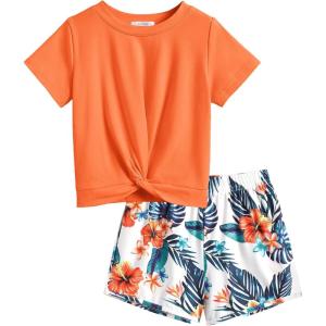 Arshiner Girls Clothing Sets Twist Front Top and Shorts 2 Piece Outfits Activewear Tracksuit 5-14 Year(Orange Print)
