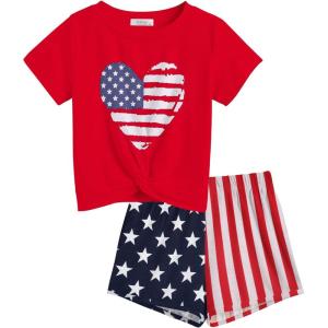 Arshiner Girls Clothing Sets Twist Front Top and Shorts 2 Piece Outfits Activewear Tracksuit 5-14 Year(Red 4th of July)