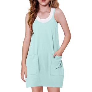Arshiner Girls Dress with Shorts Casual Summer Spaghetti Straps One Piece Romper Dresses with Pockets for Kid 5-15 Y(Mint Green)