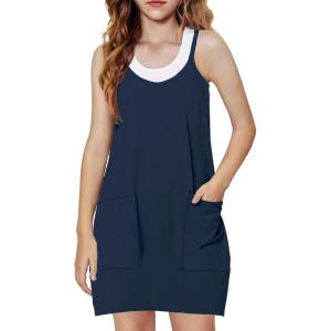 Arshiner Girls Dress with Shorts Casual Summer Spaghetti Straps One Piece Romper Dresses with Pockets for Kid 5-15 Y(Navy Blue)