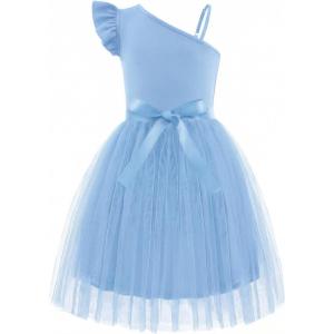 Arshiner Girls Dresses Summer One Shoulder Ruffle Sleeveless Formal Fancy Party Birthday Tulle Dress with Belted(Blue)