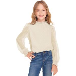 Arshiner Girls Long Sleeve Shirts Chiffon Blouses Swiss Dot Frill Neck Casual Loose Cute Top Tee(Beige)