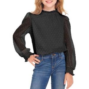 Arshiner Girls Long Sleeve Shirts Chiffon Blouses Swiss Dot Frill Neck Casual Loose Cute Top Tee(Black)