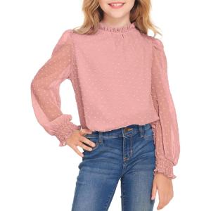 Arshiner Girls Long Sleeve Shirts Chiffon Blouses Swiss Dot Frill Neck Casual Loose Cute Top Tee(Deep Pink)