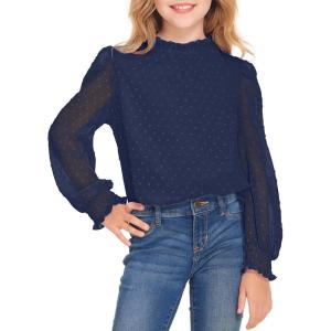 Arshiner Girls Long Sleeve Shirts Chiffon Blouses Swiss Dot Frill Neck Casual Loose Cute Top Tee(Navy Blue)