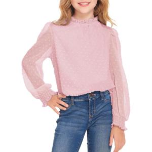 Arshiner Girls Long Sleeve Shirts Chiffon Blouses Swiss Dot Frill Neck Casual Loose Cute Top Tee(Pink)